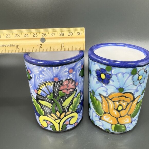 Hand Made Talavera Pottery Cups Tumblers Set 2 Signed Zepeda Puebla Mexico Cups - Picture 4 of 12